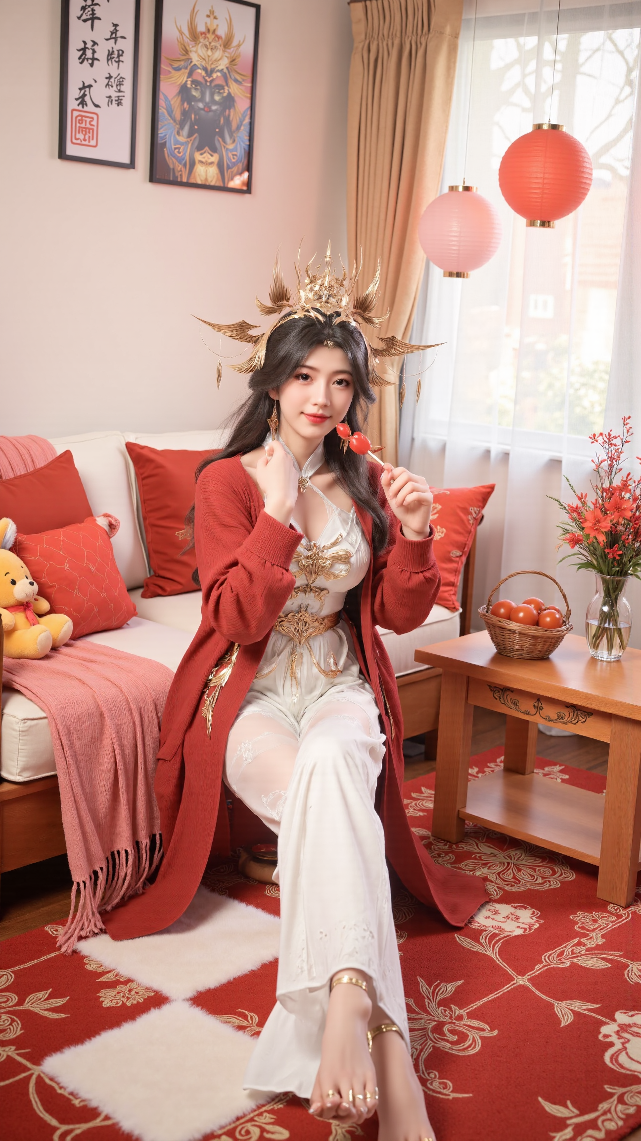 Xnangongwan,Xyaoxi,Xxiaolan,XliwuwanH,Photos of the Chinese New Year,Xningyudie,Photos of the Chinese New Year,The image shows a young woman sitting on a red and white checkered floor in a living room. She is wearing a red cardigan over a white top and white pants. She has long dark hair and is smiling as she holds a red lollipop in her hand. On the right side of the image,there is a wooden coffee table with a vase of red flowers and a basket of tomatoes. Behind the woman,there are two red heart-shaped pillows and a yellow stuffed animal. The room has a large window with white curtains and a painting hanging on the wall.,(huge breasts:2.99),(full breasts:2.99),Chinese traditional Spring Festival theme background,lanterns,New Year couplets,window decorations,Fireworks Show,