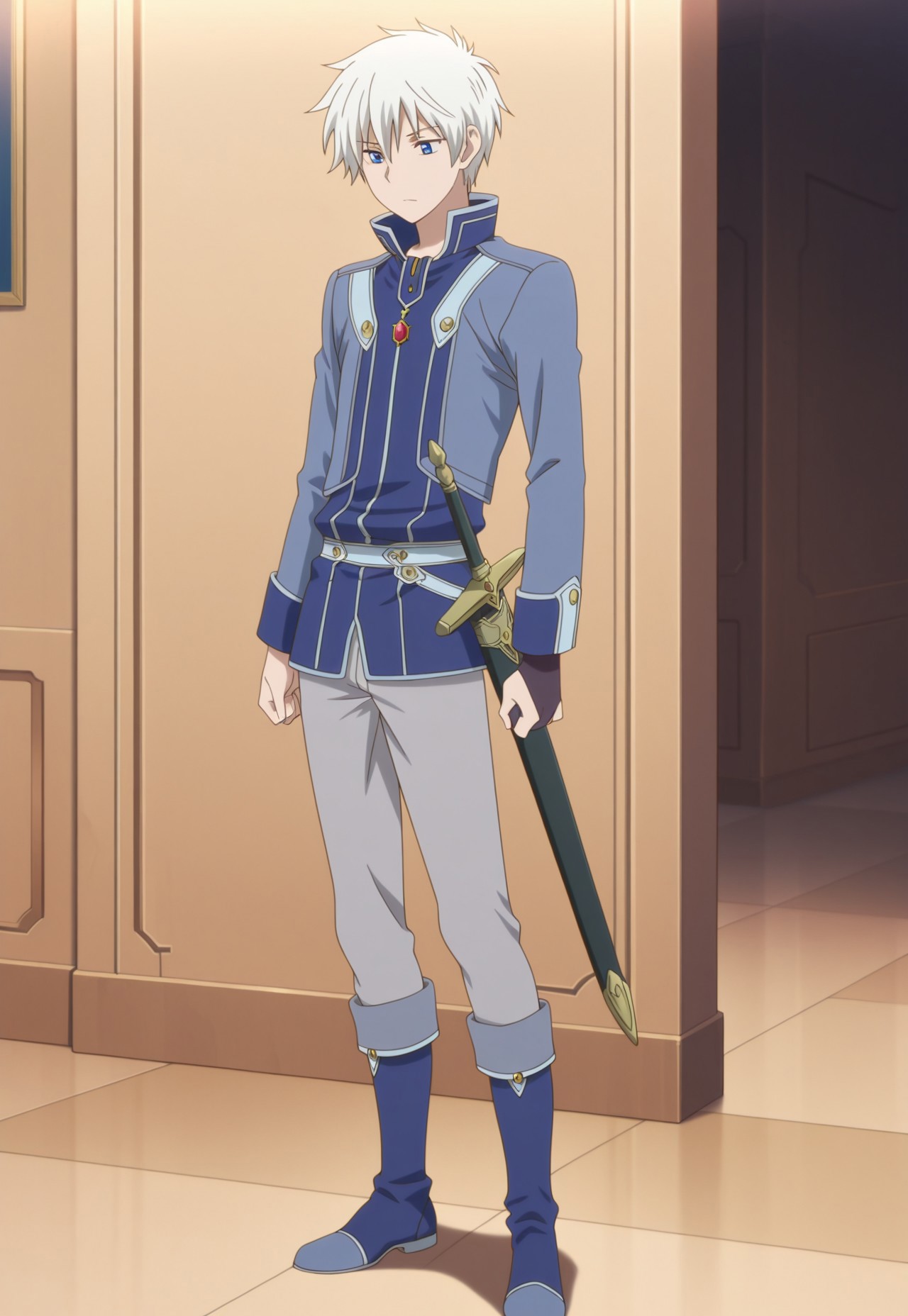 masterpiece,best quality,amazing quality, source_anime, 

ZenWistaria, 1boy, male focus, solo, blue eyes, white hair, jacket, blue jacket, high collar, long sleeves, single bridal gauntlets, pants, grey pants, boots, blue footwear, weapon, sword, sheath, sheathed,