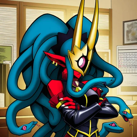 1girl,solo,medusamon,snake hair, twintails, red skin,gold horns,detached sleeves,fingerless gloves,crossed arms,frown,upper body,indoors,office,hellsing,hellsing ultimate,by araki hirohiko \(style\), by miura kentarou, <lora:MedusamonIllus2:0.95>