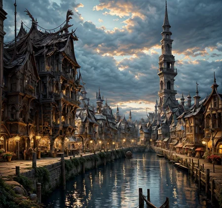 RAW photo, (masterpiece:1.3), subsurface scattering, heavy shadow, (high quality:1.4), (intricate, high detail:1.2), professional photography, HDR, High Dynamic Range, realistic, ultra realistic, photorealistic, high resolution, film photography, ambient lighting, atmospheric effects, <lora:detail_slider_v4:2>, OverallDetail, <lora:Laketown:1>, arch, bird, building, cloudy sky, house, laketown, no humans, outdoors, scenery, sky, tower, water, watercraft, window