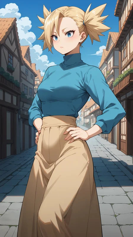 score_9,score_8_up,score_7_up,score_6_up, <lora:xl_more_art-full_v1:0.5>, source_anime, girl, dynamic pose, standing with hands on hips, <lora:Tatami Nakagame (Turtle Neck) - Pony:0.8>, short hair, blonde hair, spiky hair, twintails, blue eyes, turtleneck sweater, blue sweater, panel skirt, long skirt, beige skirt, village, east asian architecture,