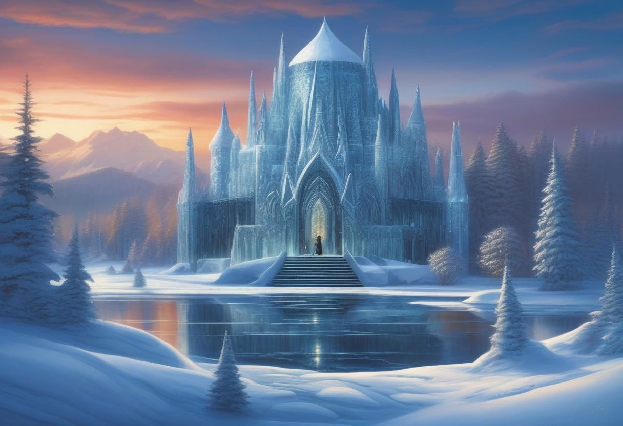 A whimsical winter wonderland, 
with ice sculptures and twinkling lights adorning the frozen lake. evening, 
intricate design, 
cinematic lighting, 
LP cover, 
Giger Marc Simonetti print, 
Mysterious