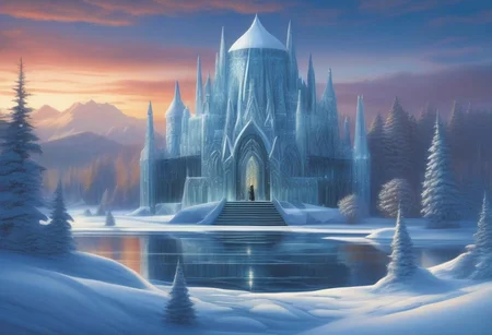 A whimsical winter wonderland,
with ice sculptures and twinkling lights adorning the frozen lake. evening,
intricate design,
cinematic lighting,
LP cover,
Giger Marc Simonetti print,
Mysterious