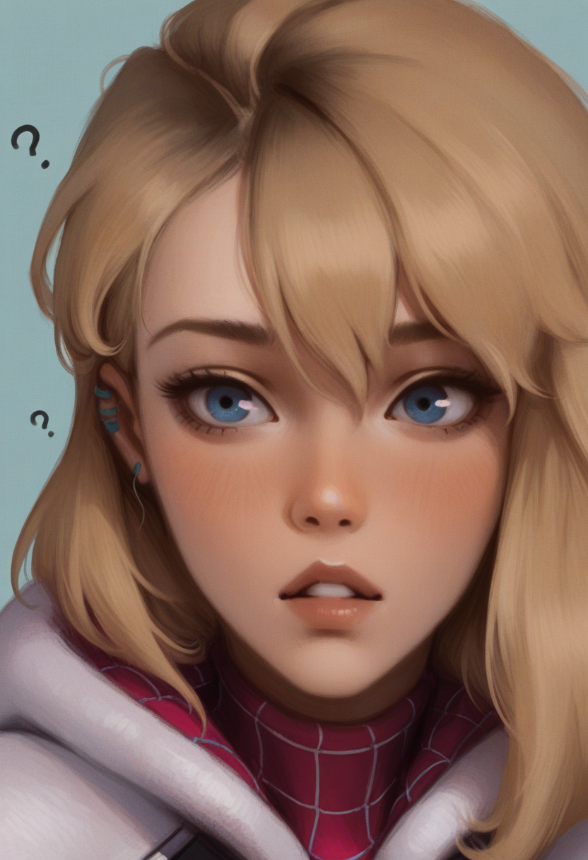 qu45681style, painterly, masterpiece  best quality,  solo, gwen stacy, detailed blue eyes, blonde, closeup, confused,