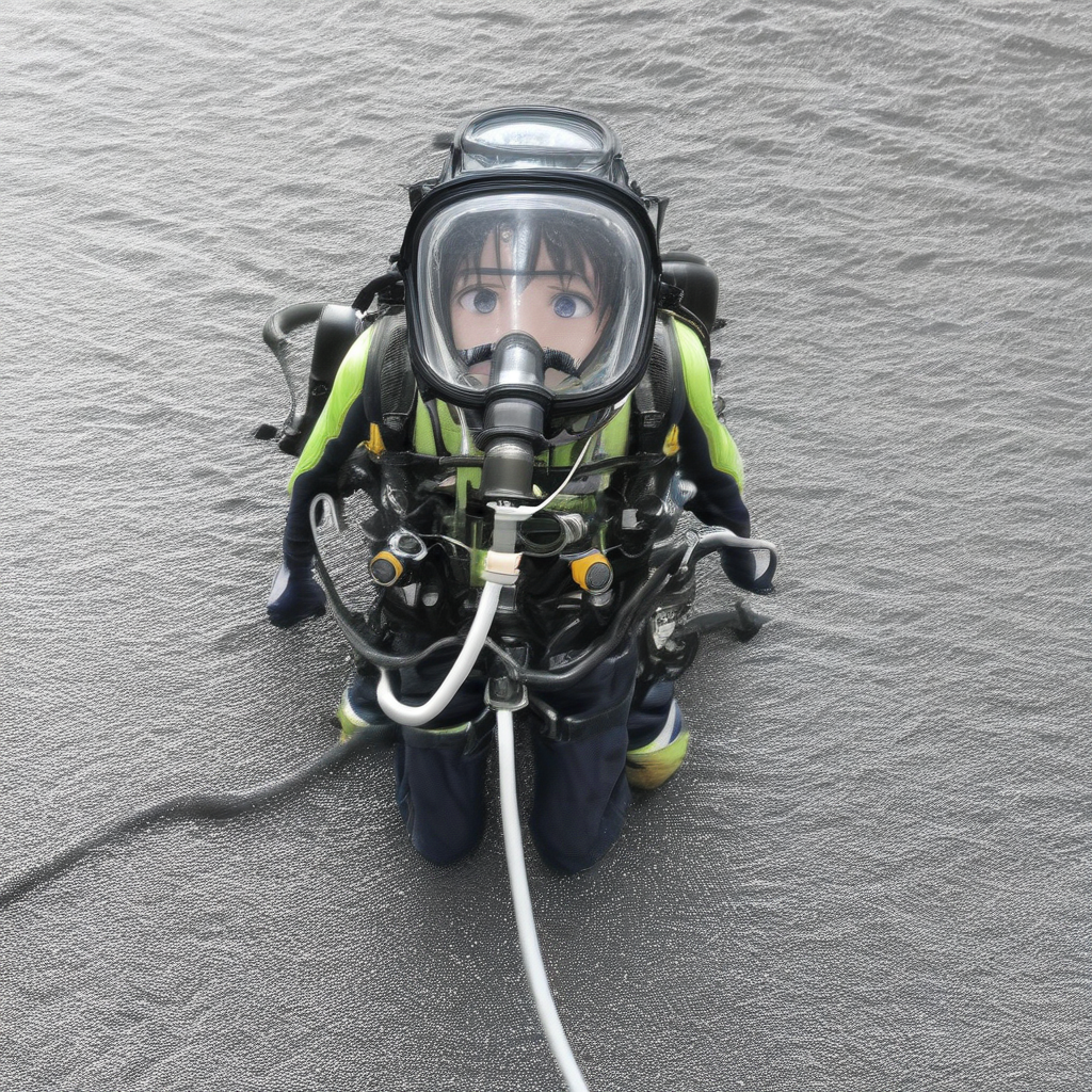 SCB, 1girl, scuba gear, oxygen tank, air hose