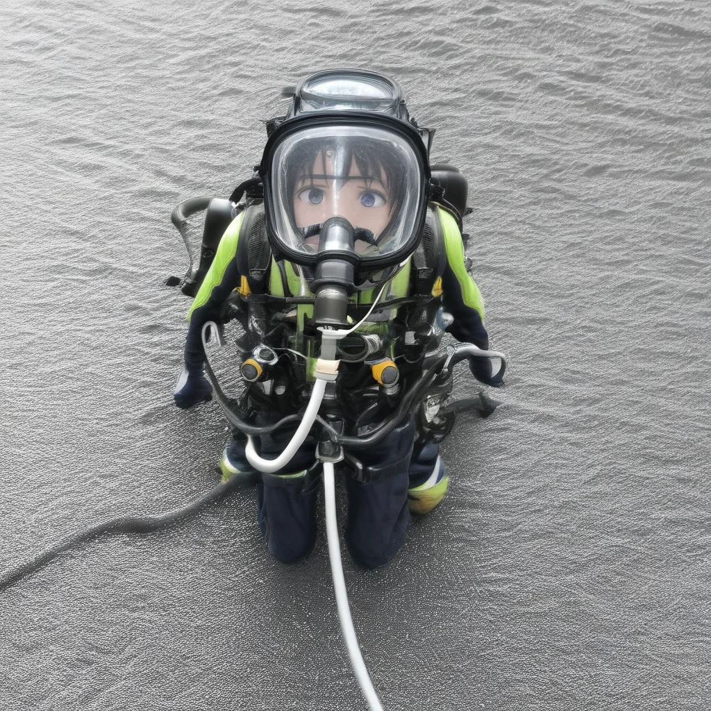 SCB, 1girl, scuba gear, oxygen tank, air hose