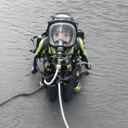 SCB, 1girl, scuba gear, oxygen tank, air hose