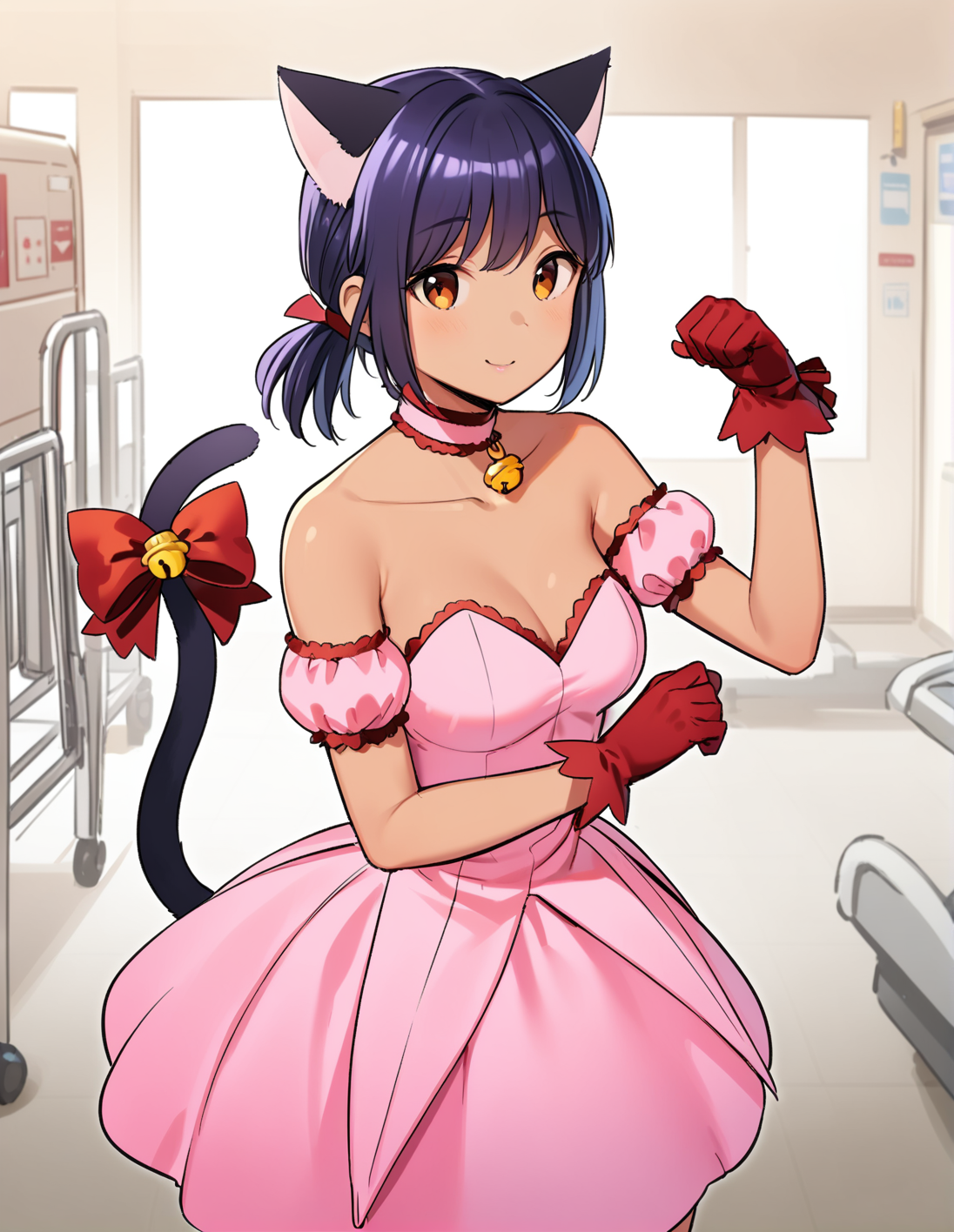 1girl, solo,  <lora:sdxl-lyco-mew_ichigo-cosplay-animagine_xl_3_1-AdamW8bit-v1-1-1:1:lbw=0,0,0,0,0,0,0,0,1,1,0,0,0,0,1,1,1,0,0,0,0,0,0,0,0,0>, mew_ichigo_cosplay, short ponytail, dark blue hair,  dark skin , , tail bow, gloves, cat tail, red gloves, tail bell, choker, detached sleeves,pink dress, strapless, relaxed posture, elbows extended, standing,  ,,smile, best quality, very aesthetic, ultra-detailed, intricate details, 4k,BREAK  in a hospital