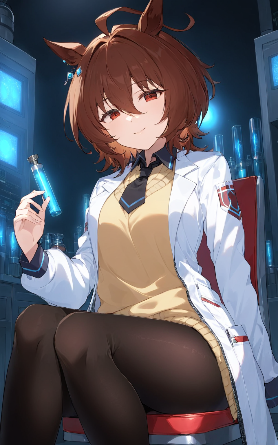 (masterpiece),(highest quality),highres,(an extremely delicate and beautiful),(extremely detailed), solo, Agens Tachyon \(umamusume\) wears single earring, long sleeves past wrists, collared shirt, yellow sweater vest, black short necktie, white open labcoat with zipper and black pantyhose under vest. she is in dark laboratory. she sits on chair and holds vial. closed mouth and light smile,  looking at viewer
<lora:UmaDiffusionXL-768x1024:1>
