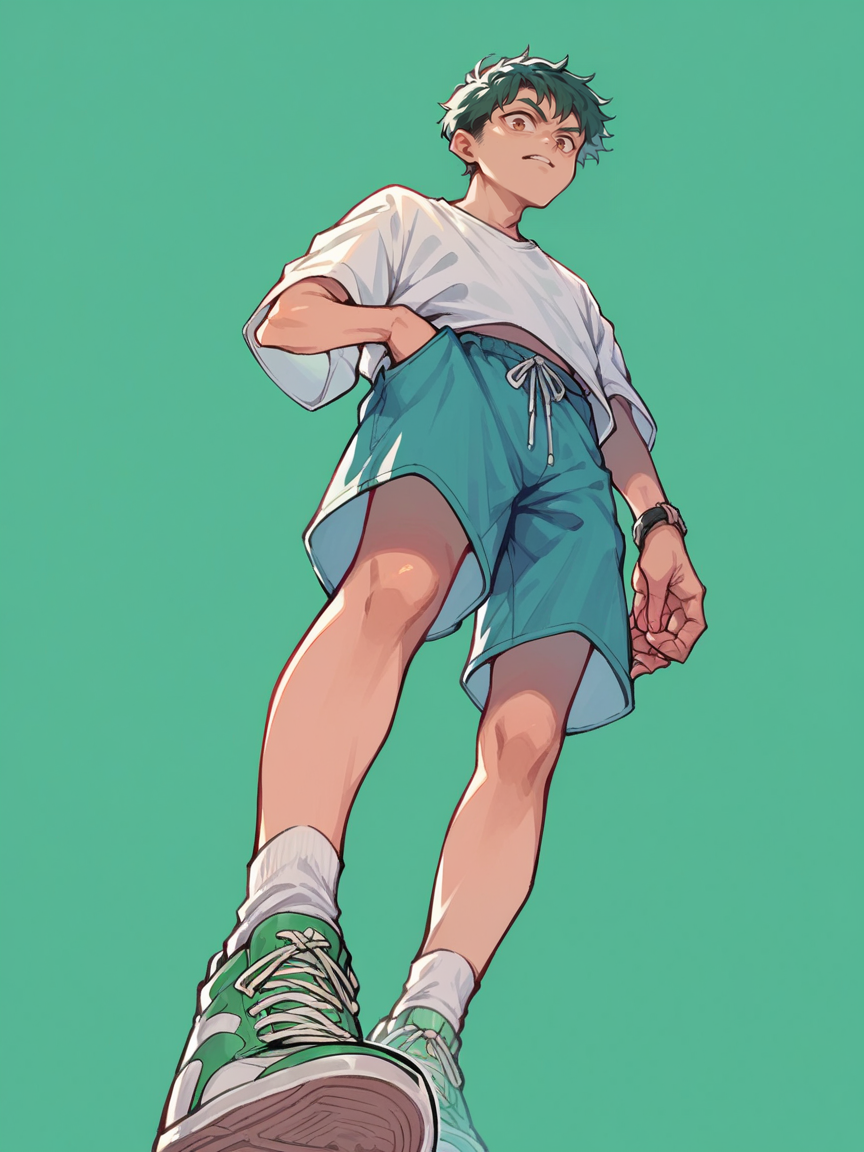 score_9, score_8_up, score_7_up, score_6_up, score_5_up, <lora:y0tt4:0.8> y0tt4, 1boy, sneakers, from below, green background,