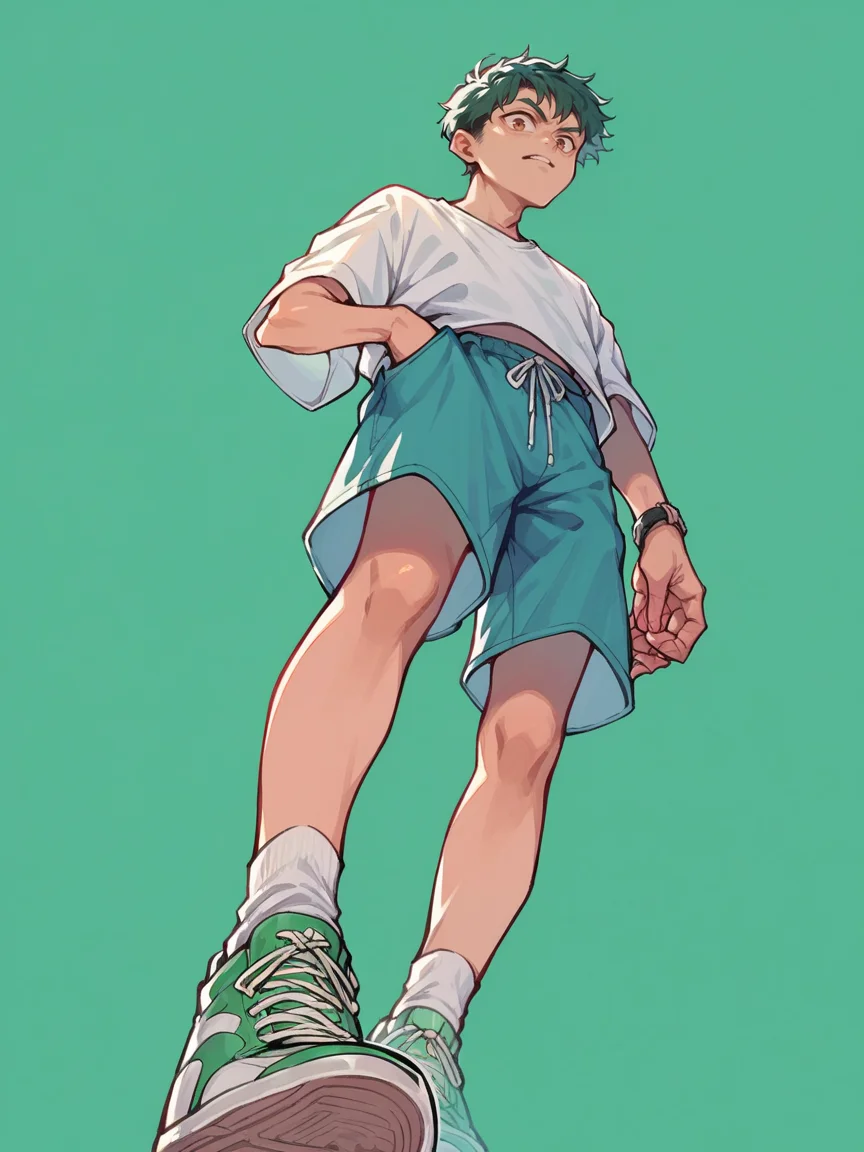 score_9, score_8_up, score_7_up, score_6_up, score_5_up, <lora:y0tt4:0.8> y0tt4, 1boy, sneakers, from below, green background,
