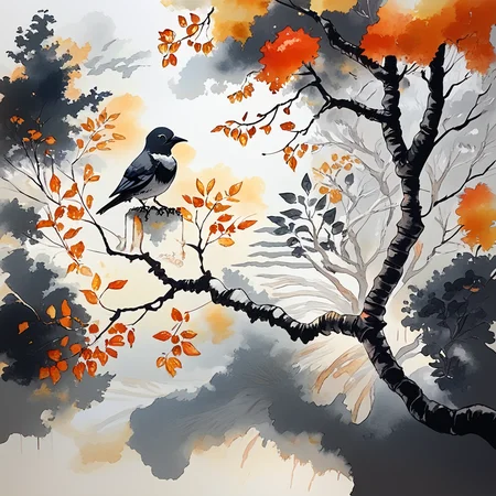 Score_9, score_8_up, score_7_up, score_6_up, BREAK <lora:Expressive_Watercolor_Ink_washPony:1> ArsMJStyle, Expressive Watercolor Ink Wash, The image is a watercolor painting of a tree with a bird perched on one of its branches. The tree is bare with no leaves and the branches are covered in orange and yellow leaves. The background is a light blue sky with a few clouds. The painting is done in a loose hand-drawn style with a mix of black and white colors. The overall mood of the image is peaceful and serene., no humans, tree, bird, bare tree, scenery, branch, outdoors, painting (medium), crow, traditional media