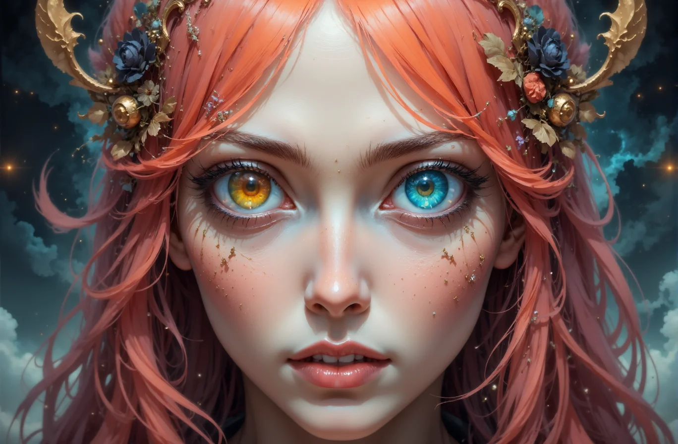 This image is a highly detailed digital photography featuring a close-up of a God woman's face with sorry expression. The composition uses a symmetrical approach, with the woman's face centered in the frame, creating a balanced and focused visual. The woman has striking, large eyes that dominate the image, with one eye BlazingYellow and the other Terracotta, both adorned with heart-shaped pupils. Her skin is pale and smooth, with subtle freckles on her cheeks. She has long, straight HotPink hair with a SlateGray streak on the left side, styled with a side part and a small hairband on the right. Her eyebrows are thick and well-defined, and she has long, dark eyelashes accentuated with SkyBlue eye-shadow. The lighting is soft and even, highlighting the textures of her skin and hair without casting harsh shadows. The background cute, keeping the focus on her expressive eyes and face. The overall mood is intense and captivating, with a touch of surrealism due to the heart-shaped pupils.
<lora:DarksunRIDDV3:0.7> <lora:flux_hyperkraximalism-crazy:0.6>