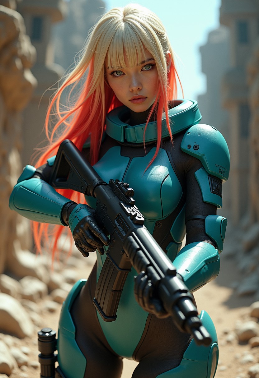 great lighting, intricate detail, beautiful, stunning Japanese space marine, two-tone hair, long blonde hair with red streaks, bangs, skin-tight teal body armor with dark blue accents, holding assault rifle, aiming at viewer, in alien city ruins, High Detail, Perfect Composition, movie scenes, highly detailed. Photorealistic rendering, dramatic lighting, sharp contrast