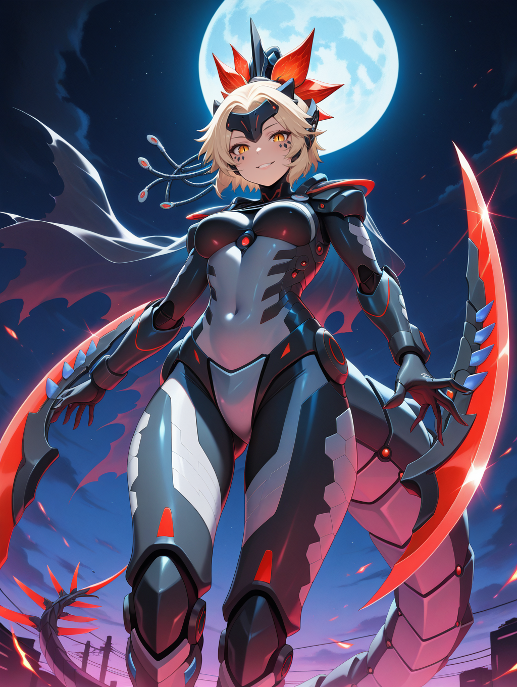 dinomorphia kentregina, 1girl, solo, smile, mechanical claw boots, looking at viewer, night sky, medium breasts, grin, grey bodysuit, teeth, from below, full moon, gradient, slit pupils, gradient background, mechanical forehead protector, facial mark, parted lips, mechanical headgear, see-through cape, red arm blade, mechanical gauntlets, mecha dragon girl
masterpiece,best quality,amazing quality,very aesthetic,absurdres,newest,<lora:Dinomorphia Kentregina illuXL v1:0.7>,