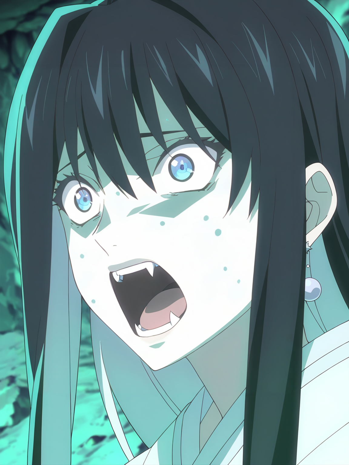 <lora:Yuki-Onna:0.8>yuki_onna, 1girl, solo, black and white long hair, blue eyes, white earrings, long white kimono, scared, shocked, screaming, mouth agape, fangs, wide eyes, cave, aqua lighting, yokai aura, portrait, looking forward