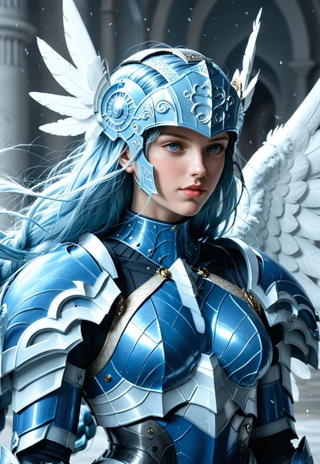 Beautiful woman, 24 years old. Fair skin. Smooth skin. Silvery blue hair. Incredible detail, high clarity. Free hair with braids. Long hair. Lips. 

Valkyrie helmet, winged helmet, beaked helmet.

Deep blue armor, metal armor, smooth armor. White pleated skirt. Good anatomy. Detailed face. 