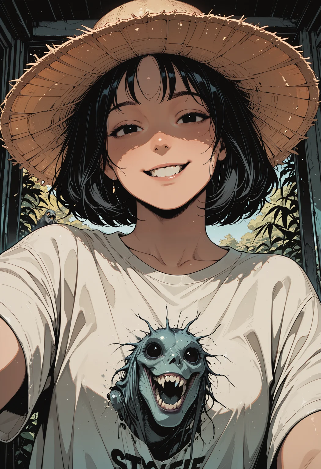 embedding:IllusP0s, codex sss chroma
1girl, solo, upper_body, looking_at_viewer, selfie, straw_hat, t-shirt, graphic_tee, short_hair, black_hair, smiling, baring_teeth, monster_on_shirt, white_t-shirt