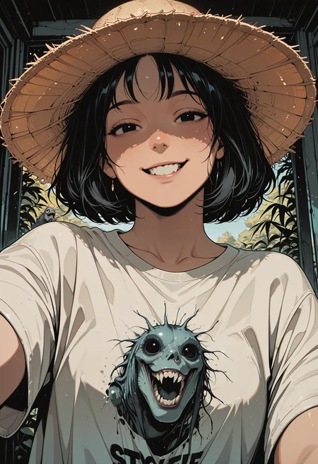 embedding:IllusP0s, codex sss chroma
1girl, solo, upper_body, looking_at_viewer, selfie, straw_hat, t-shirt, graphic_tee, short_hair, black_hair, smiling, baring_teeth, monster_on_shirt, white_t-shirt