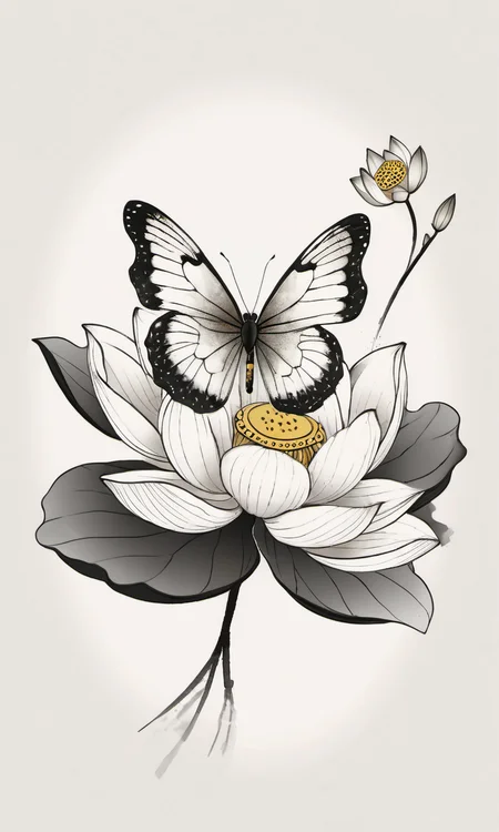 butterfly,lotus,chinese meticulous ink,illustration,white background ,centered,completed<lora:newchinese-1122-1:1>