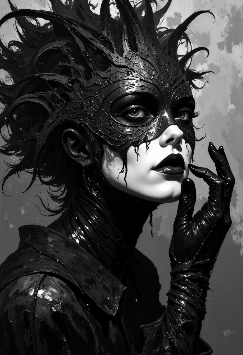 A black-and-white portrait that captures a striking, gothic-inspired scene. 