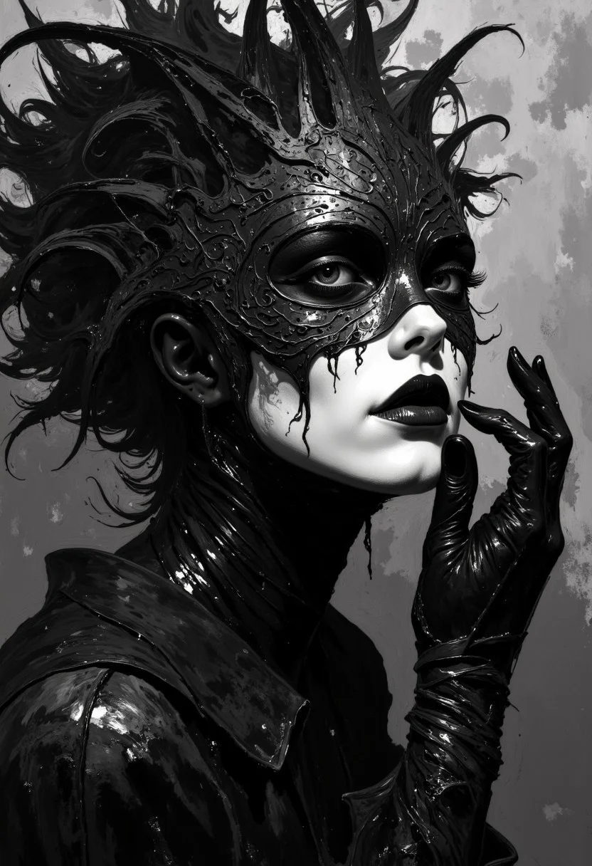 A black-and-white portrait that captures a striking, gothic-inspired scene.