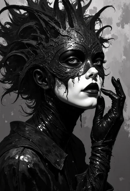 A black-and-white portrait that captures a striking, gothic-inspired scene.