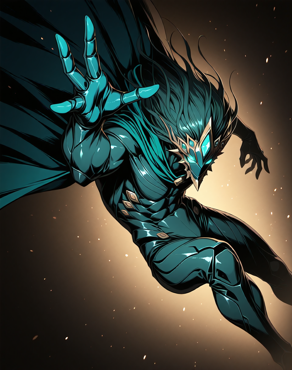 perfect depth of field shot, masterpiece, beautiful, sharp focus, crisp details, 
<lora:Zoalord_(Guyver)_(Illustrious)_(AD):1> Zoalord, Guyver, monster, 
((dynamic action, dynamic perspective, dutch angle, bent knee, cowboy shot, ):1.5), 
((green and blue colored body, wearing a cape, detailed face and eyes, ):1.5), glowing eyes, solo, bioboosted body, biomechanical, end boss, perfect form, perfect proportions, abs, regal and strong, imposing, presence demands respect and deference, gradient style anime coloring,   
BREAK Smooth Quality, IllusP0s, lazyhand, lazympos, lazynsfw,
