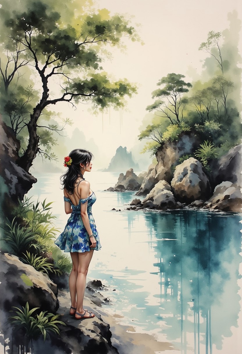 A dinkfsn style ink wash painting, beautiful oriental woman, dark hair with blonde streaks, necklaces, red lips, blue and white short summer dress, standing on the top of a cliff overlooking an idyllic tropical cove, side view, averted gaze