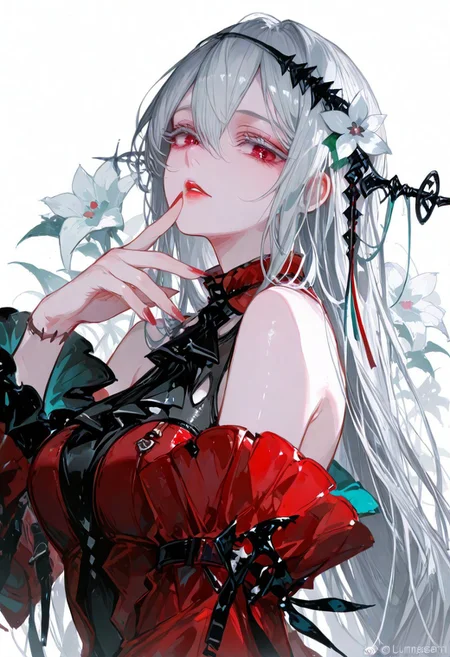 masterpiece, best quality, good quality, newest, highres, absurdres, volumetric lighting,gradient color, BREAK raytracing, volumetric lighting, ambient occlusion, girl, luminescent background, masterpiece, best quality, very awa, absurdres,
BREAK
1girl, bare shoulders, black dress, detached sleeves, dress, finger to mouth, fingernails, flower, grey hair, hair flower, hair ornament, long hair, looking at viewer, off-shoulder dress, off shoulder, parted lips, red dress, red eyes, red lips, red nails, sharp fingernails, skadi \(arknights\), skadi the corrupting heart \(arknights\), solo, stitches, upper body, very long hair, weibo logo, weibo username, white background, white eyes, white flower, white hair
BREAK
masterpiece, amazing quality, best quality, ultra-detailed, 8K, illustration, CG, clear skin, ultra-detailed-eyes, simple background, cute girl, eyelashes