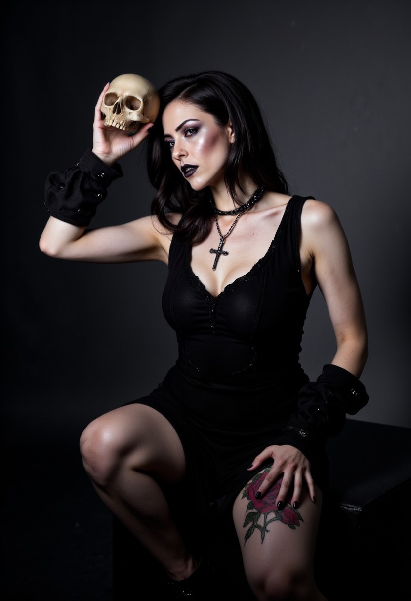 A woman with dark hair and black lipstick is depicted holding a human skull in one hand. She is wearing a black tank top, and an Ankh cross pendant is visible around her neck. The atmosphere of the image is dark and gothic, with a background that transitions from black to dark gray. A distinctive feature is a rose tattoo visible on her left knee, contributing to the overall mysterious and elegant appearance. The setting and her attire emphasize a theme of non-conformity and gothic aesthetic.