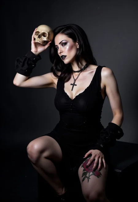 A woman with dark hair and black lipstick is depicted holding a human skull in one hand. She is wearing a black tank top, and an Ankh cross pendant is visible around her neck. The atmosphere of the image is dark and gothic, with a background that transitions from black to dark gray. A distinctive feature is a rose tattoo visible on her left knee, contributing to the overall mysterious and elegant appearance. The setting and her attire emphasize a theme of non-conformity and gothic aesthetic.