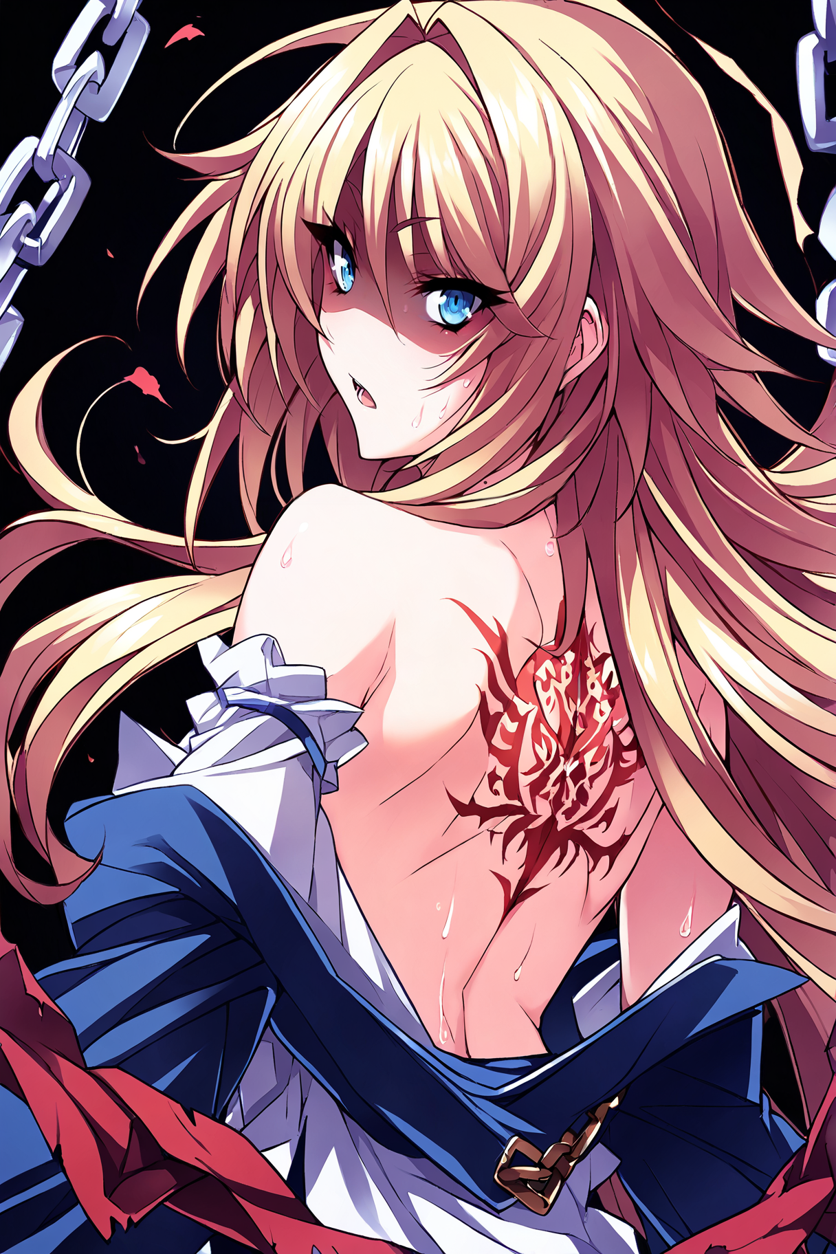 score_9, score_8_up, score_7_up, score_6_up, score_5_up, score_4_up, source_anime <lora:StS_detail_slider_v1:3>
1girl, solo, Tsujidou Ai, long hair, blonde hair, blue eyes, chains, serafuku, upper body, from behind, (ass:1.1), looking back, open mouth, shaded face, looking at viewer, off shoulder, back, eyelashes, solo, sweat, back tattoo, simple background, tattoo, black background blood on clothes, <lora:Tsujidou_Ai2.0:1>