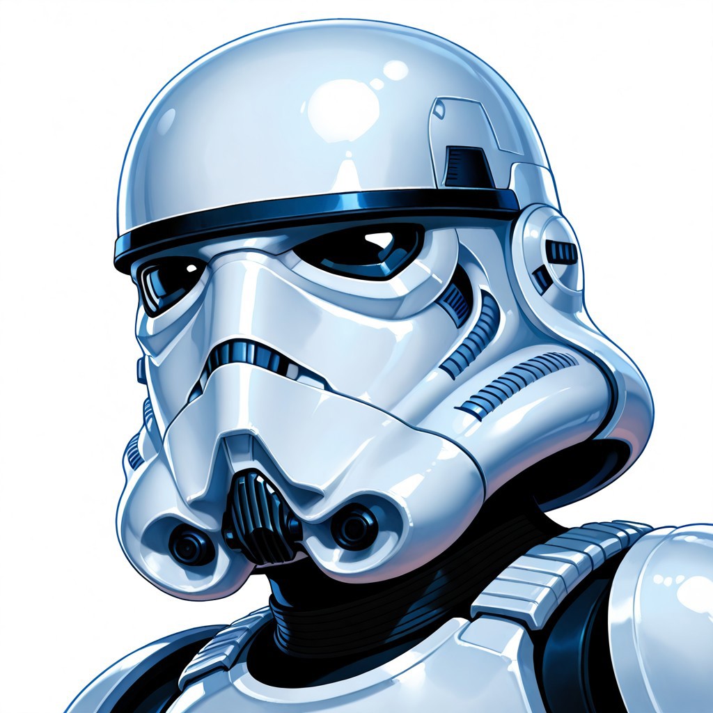 FutureFightStyle, ((semi realistic)), realism, white background, simple background, solid color background, solo, 1male, stormtrooper, helmet, armor, headshot, thinking