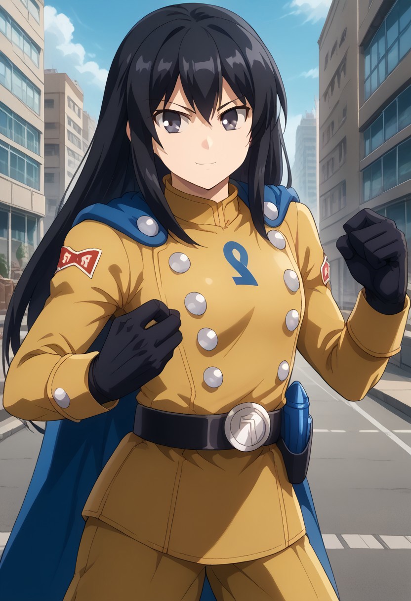 1girl, solo, ayamenb, black hair, long hair, black eyes, yellow uniform, belt, gloves, blue cape, serious, smile, dynamic pose, outdoors, city, street, cowboy shot