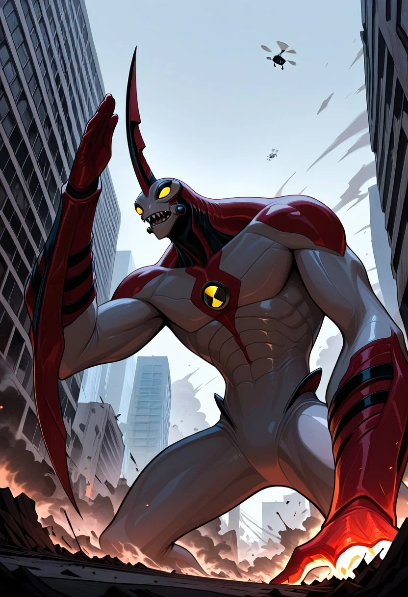 masterpiece, best quality, amazing quality, very aesthetic, absurdres, newest,
,waybig, no humans, solo, alien, horn, single horn, yellow eyes, arm blade,
giant, behind building, sharp teeth, punching, smoke, helicopters, giant character, from below, destroyed city, behind budlings