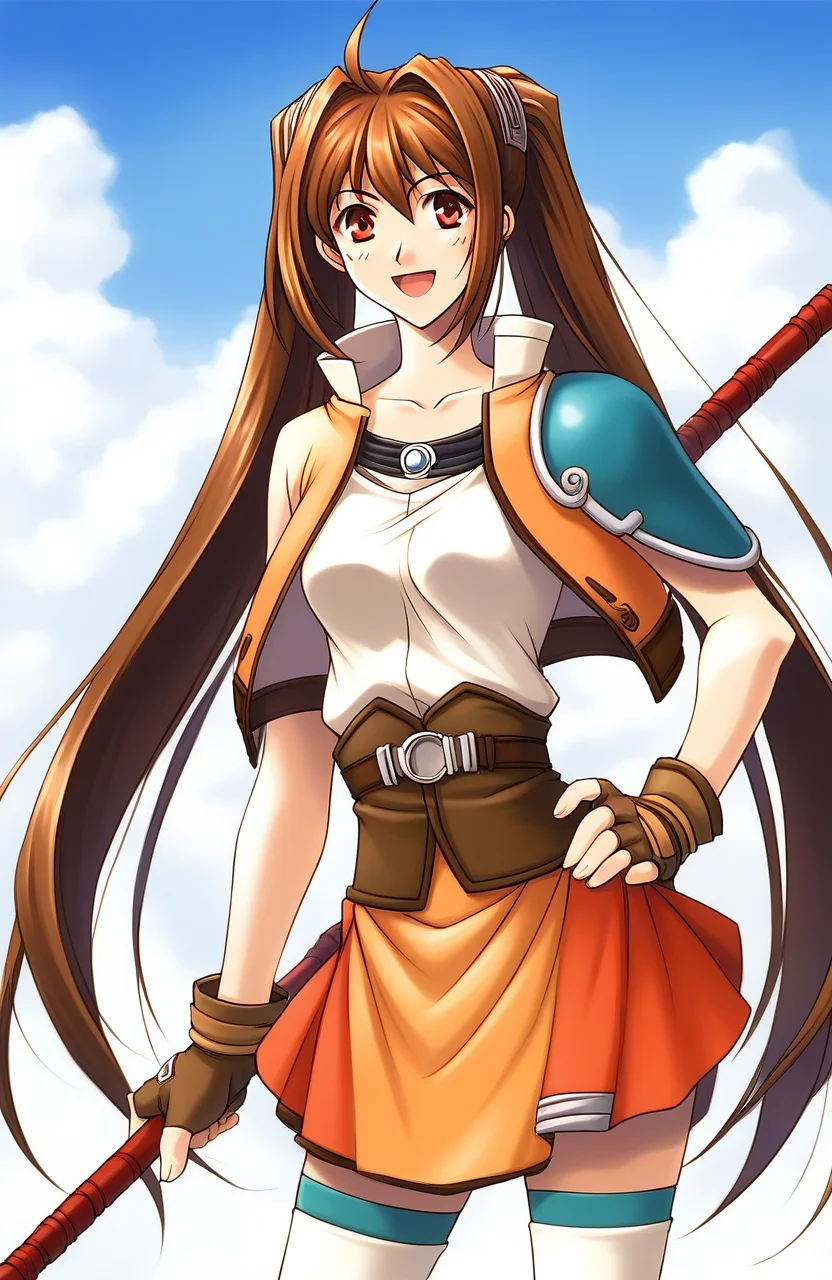 score_9, score_8_up, score_7_up, source_anime, rating_explicit, BREAKã <lora:Estelle_Bright_Retro_XL:1> Estelle_Bright, brown hair, long hair, red eyes, ahoge, brown eyes, very long hair, hair intakes, medium breasts,
solo, twintails, thighhighs, staff, skirt, orange skirt, gloves, fingerless gloves, weapon, smile, belt, zettai ryouiki, miniskirt, hand on hip, open mouth, shirt, armor, jacket, jewelry
outdoor, day, sky,
looking at viewer,
cowboy_Shot,