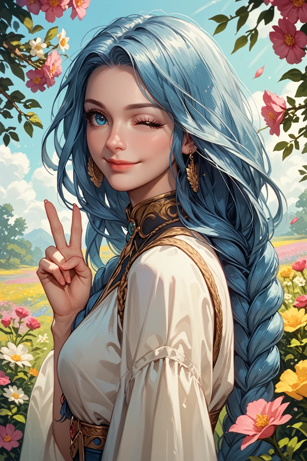 score_9, score_8_up, score_7_up,
<lora:VPLenneth:0.9>
VPLenneth, 1girl, long hair, braid, blue hair, blue eyes, looking at viewer, from side, wink, happy, smile, closed mouth, peace sign, flowers, meadow