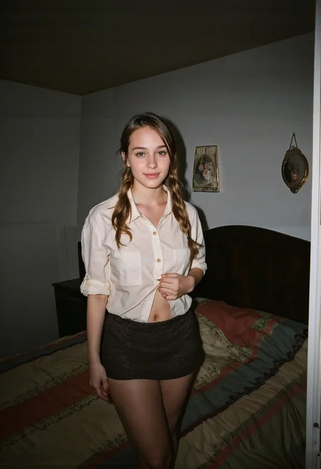 high details, IMG_1453.CR2 in a bedroom, 80s fashion, kodak funsaver, a beautiful petite woman unbuttoning her shirt, wearing a button down shirt and a skirt, (her nipples are covered by her shirt, no nudity:1.2), 19-years-old, soft facial features, petite figure, beautiful soft skin, Braided golden brown hair, long shot, low res, polaroid, faded photograph, full body, darkness, low light, film grain, sensor noise, high iso, seductive smirk<lora:kodakFUNSAVERdisposable.safetensors:1.2> <lora:Petite_body_type_for_FLUX.safetensors:0.5> <lora:FLUX.1-Turbo-Alpha.safetensors:1.0> <lora:amateurphoto-v6-forcu.safetensors:0.8> <lora:SameFace_Fix.safetensors:-0.5:-0.5>