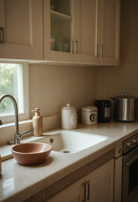Score_PnyReal C4M3R403, no humans, sink, kitchen, stove, still life, faucet, indoors, grainy, film photography