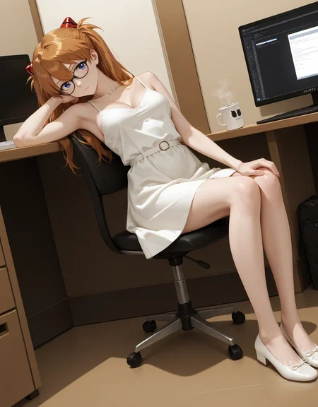masterpiece,best quality,very aesthetic,zPDXL,1girl,indoor,<lora:flatshoes-000019:0.6>,balletshoesXL1,white footwear,souryuu asuka langley,flat_shoes,sitting,(realistic:0.3),(office lady:0.5),skindentation,skinny,black-framed eyewear,dynamic_angle,dress,at work,in the use of computers,drink coffee,