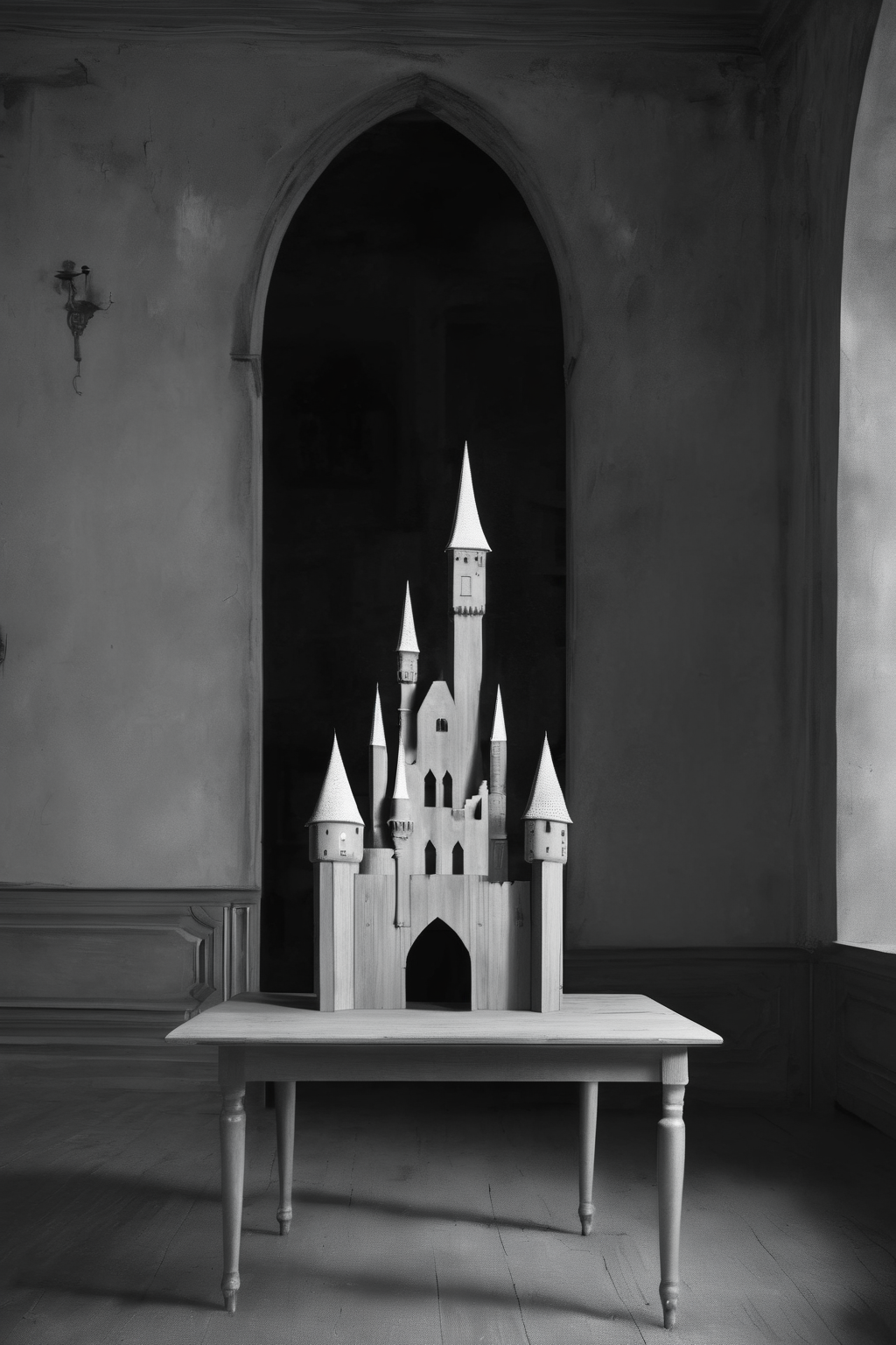 <lora:Photographer Elena Helfrecht Style:1>Photographer Elena Helfrecht Style - a wooden table with a castle cut out of it in the middle of a room