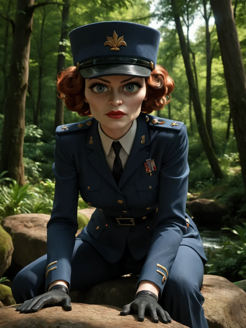 score_9, score_8_up, score_7_up, score_6_up, BREAK, Ch4nt3lDuB0is, 1girl, solo, blue eyes, red hair, red lips, blue uniform, blue headwear, black gloves, forest, sitting on a rock, looking at viewer, <lora:Chantel_DuBois-000008:0.8>