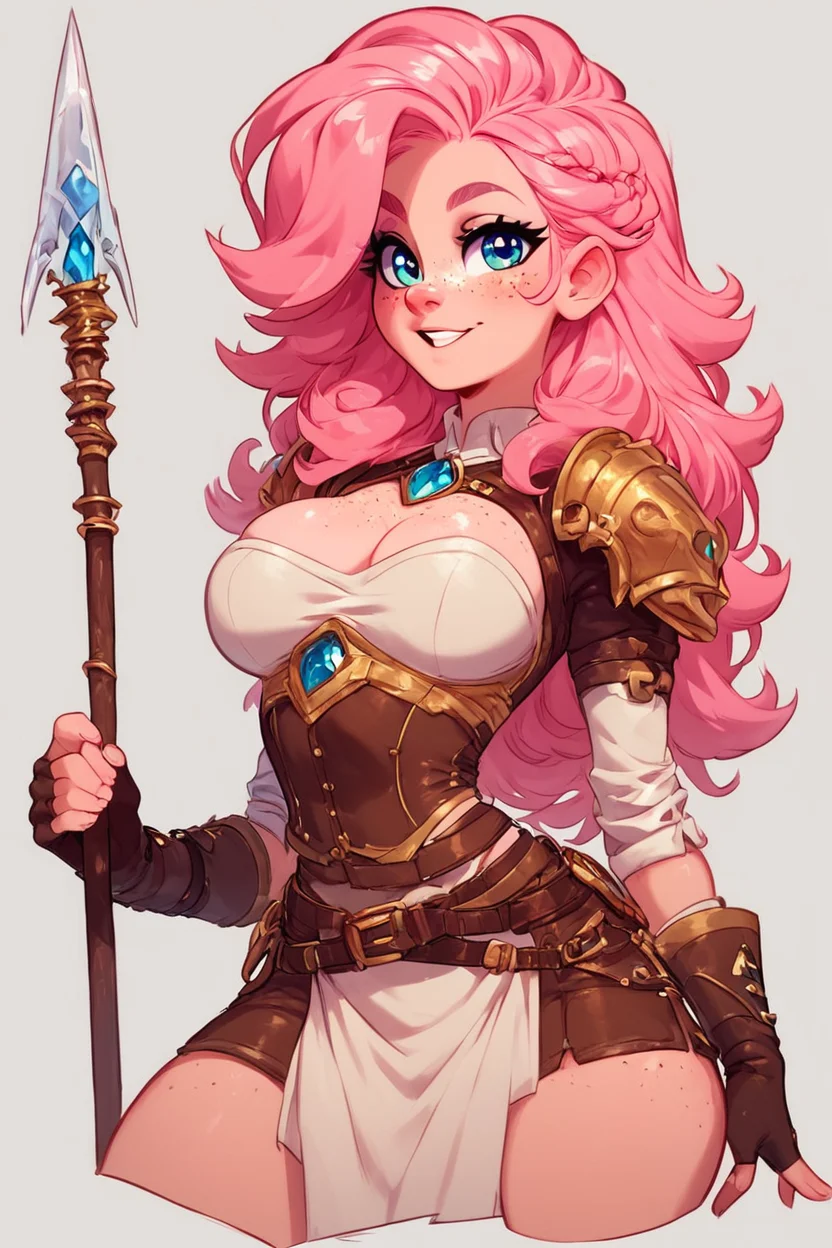 score_9, score_8_up, score_8,  ,,,  1girl, long hair, breasts, looking at viewer, blush, smile, blue eyes, large breasts, simple background, gloves, white background, holding, cleavage, weapon, pink hair, thighs, cowboy shot, parted lips, belt, fingerless gloves, grey background, armor, cleavage cutout, thick eyebrows, polearm, pelvic curtain, brown gloves, cropped legs, freckles,  ,<lora:ElfFio_PDXL:1>,   ,,, smile, looking at viewer,   embedding:zPDXL, Expressiveh, <lora:Expressive_H-000001:0.4>,