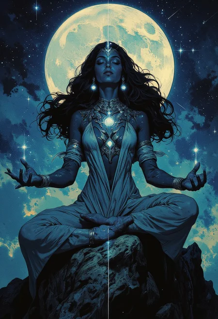 (hyper-realistic digital artwork) Kali is seated in deep meditation atop a sacred mountain, her blue-black skin glowing under the moonlight. Her eyes are closed, and her expression is calm, transcendent. Her long black hair flows like a river of ink, cascading down her shoulders, adorned with small, radiant crystals that catch the light. In this moment of divine stillness, she holds a serene yet powerful presence. Her four arms are positioned in mudras, representing enlightenment and cosmic balance. Her body is draped in simple, flowing cloth, with a necklace of skulls resting around her neck. The backdrop is a vast expanse of stars and galaxies, symbolizing her connection to the infinite cosmos. Her aura radiates a peaceful energy, as if she is one with the universe, embodying destruction and creation in perfect harmony.
