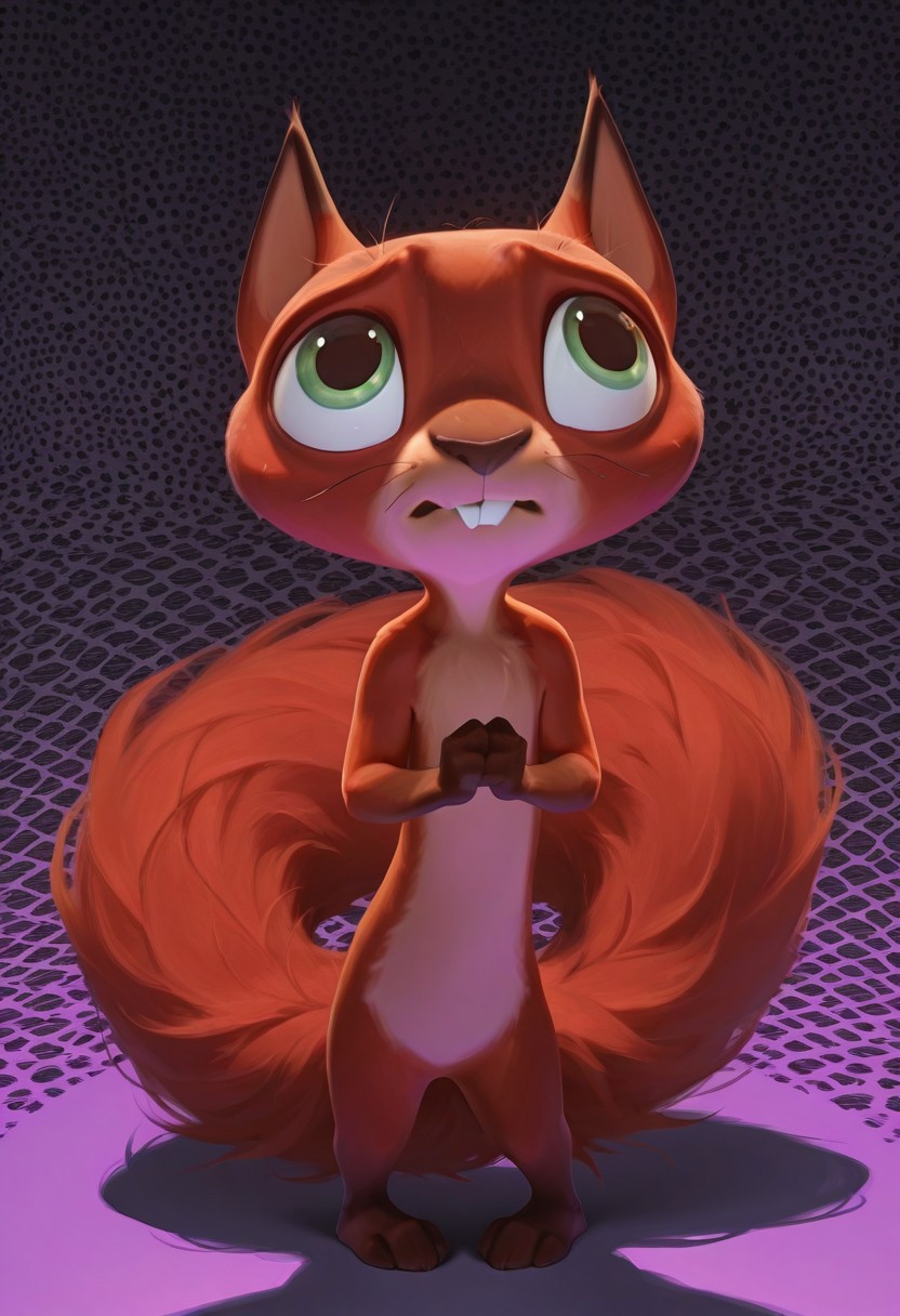 masterpiece, absurdres, amazing quality, photorealistic, ultra-detailed, solo, male focus, from above, high-angle view, chibi, furry male, 1boy, chip_superpet, red fur, green eyes, crooked whiskers, chipped tooth, buck teeth, fluffy tail, slim, body fur, brown hands, brown feet, naked, no penis, cute, full body, standing, looking up, shy, nervous, timid, own hands together, leaning back, pigeon-toed, tail wrap, 
BREAK 
psychedelic background, patterned background, g0thic, neon, shadow, detailed shading, WaiIL25PosC