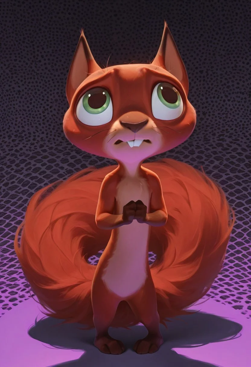 masterpiece, absurdres, amazing quality, photorealistic, ultra-detailed, solo, male focus, from above, high-angle view, chibi, furry male, 1boy, chip_superpet, red fur, green eyes, crooked whiskers, chipped tooth, buck teeth, fluffy tail, slim, body fur, brown hands, brown feet, naked, no penis, cute, full body, standing, looking up, shy, nervous, timid, own hands together, leaning back, pigeon-toed, tail wrap,
BREAK
psychedelic background, patterned background, g0thic, neon, shadow, detailed shading, WaiIL25PosC