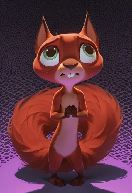 masterpiece, absurdres, amazing quality, photorealistic, ultra-detailed, solo, male focus, from above, high-angle view, chibi, furry male, 1boy, chip_superpet, red fur, green eyes, crooked whiskers, chipped tooth, buck teeth, fluffy tail, slim, body fur, brown hands, brown feet, naked, no penis, cute, full body, standing, looking up, shy, nervous, timid, own hands together, leaning back, pigeon-toed, tail wrap, 
BREAK 
psychedelic background, patterned background, g0thic, neon, shadow, detailed shading, WaiIL25PosC