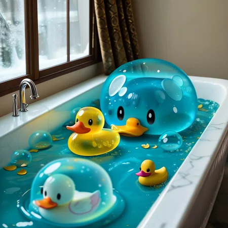 {1rubber duck, 1 rubber duck made out of slime, (slime duck:1.5), yellow slime body, orange slime beak, glossy black eyes, translucent slime rubber duck, transparent slime rubber duck}
hud_sp_bth, flower, petals, water, bath, in an elegant bath tub, bubbles made out of slime, slimes hiding in the bath bubbles, bubble bath, perspective from inside tub, prespective from inside bath, lots of frothy bubbles, 
everything made of slime, No simple background,
((translucent slime)), ((transparent slime)), (bioluminescent slime), sl1m3d, slime, slime-morph, saturated colors, no humans, no people, no man, no woman,