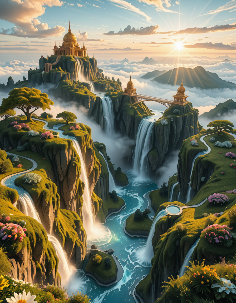 A mesmerizing celestial background featuring an otherworldly paradise. Towering crystalline mountains with peaks that glow softly under a sky painted in shifting hues of iridescent blues, pinks, and golds. Rivers of liquid light flow through vast, open meadows filled with luminescent flowers that pulse with a gentle glow. Gigantic, translucent trees with silver leaves sway in a breeze that carries floating particles of golden dust. Suspended bridges made of shimmering energy connect ancient, floating monoliths engraved with intricate celestial patterns. In the distance, an enormous radiant waterfall cascades into a bottomless, mist-covered abyss, reflecting the surrounding ethereal glow. A tranquil atmosphere, untouched and divine, filled with an overwhelming sense of wonder and serenity.
<lora:SDXLFaeTastic2400:0.4> <lora:extremely_detailed:0.4> extremely detailed,heavenly l4ndsc4p3, <lora:heavenly_l4ndsc4p3-i:1>, Masterpiece,best quality,hi res,8k,hi res,8k,award winning,(sharp focus, intricate, highly detailed),